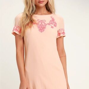 Lulu’s Tale to Tell Light Coral and Pink Embroidered Shift Dress